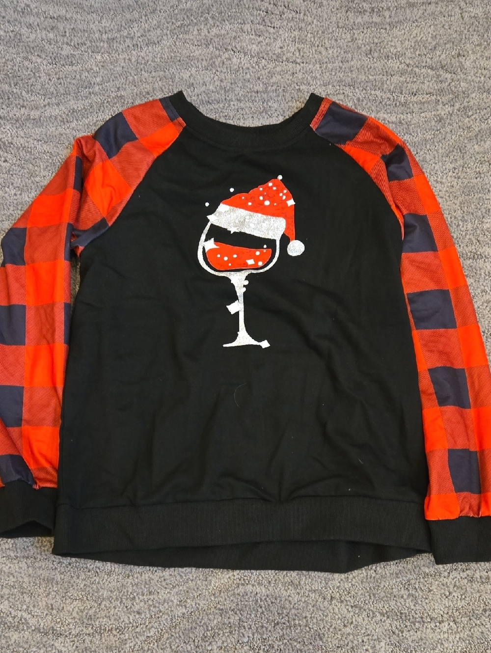 Men's Black Holiday Sweatshirt with Red Plaid Sleeves